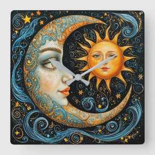 Whimsical Celestial Dream: Moon and Sun. Square Wall Clock