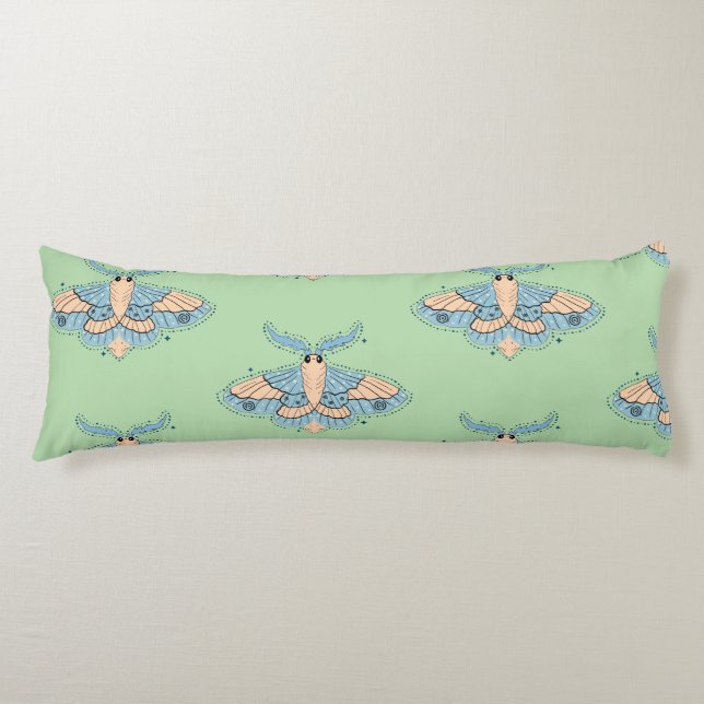 Whimsical Celestial Moth — Soft Blue & Peach Body Pillow (Front)
