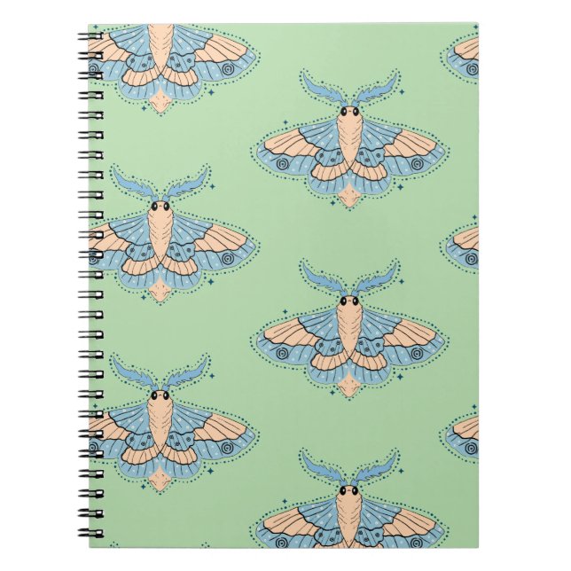 Whimsical Celestial Moth — Soft Blue & Peach Notebook (Front)