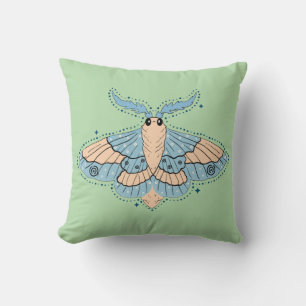 Whimsical Celestial Moth — Soft Blue & Peach Throw Pillow