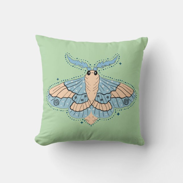 Whimsical Celestial Moth — Soft Blue & Peach Throw Pillow (Front)