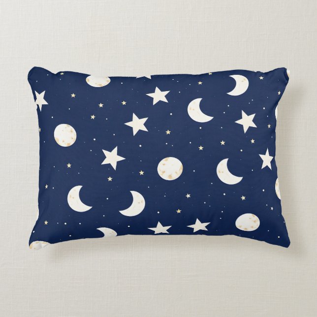 Whimsical Celestial Pattern of Moons and Stars Accent Pillow (Front)