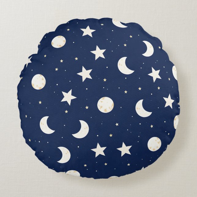 Whimsical Celestial Pattern of Moons and Stars Round Pillow (Front)