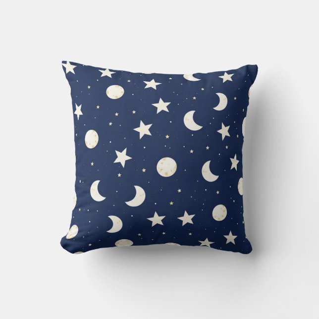 Whimsical Celestial Pattern of Moons and Stars Throw Pillow (Front)