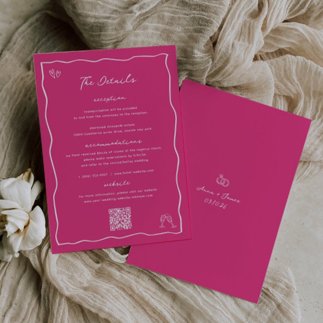 Whimsical Cerise Pink Doodle Wedding Details Card (Creator Uploaded)