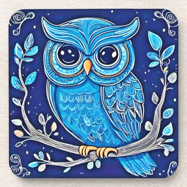 Whimsical Chalk Owl Beverage Coaster (Front)