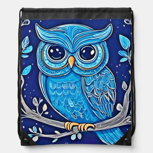 Whimsical Chalk Owl Drawstring Bag (Front)