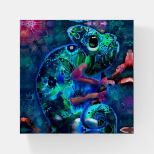 Whimsical Chameleon Abstract Floral Teal Green Paperweight
