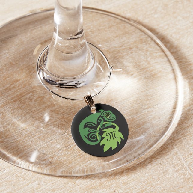 Whimsical Chameleon Climbing on Hops Monogram Wine Charm (In Situ)