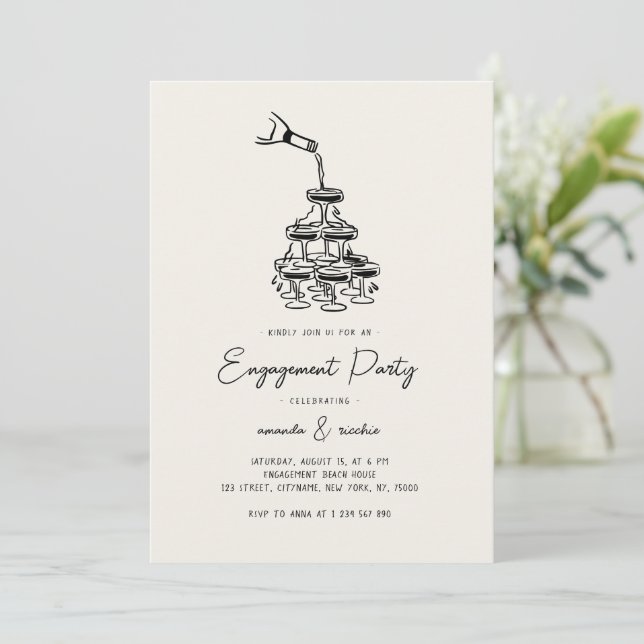 Whimsical Champagne Bubbly Tower Engagement Party Invitation (Standing Front)