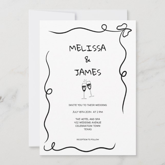 Whimsical Champagne Hand Drawn Wedding Invitation (Front)