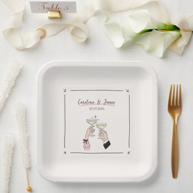 Whimsical Champagne Toast Paper Plates – Hand Draw (Wedding)