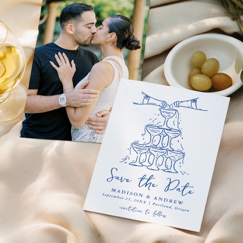 Whimsical Champagne Tower Blue Photo Wedding Save The Date