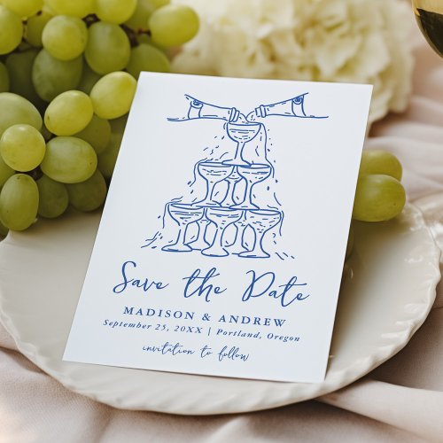 Whimsical Champagne Tower Blue Wedding Save The Date