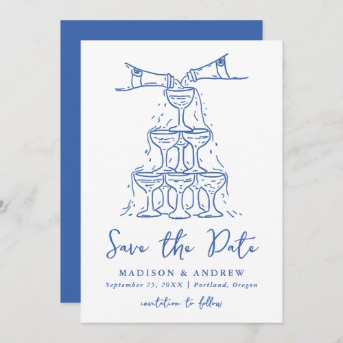 Whimsical Champagne Tower Blue Wedding Save The Date