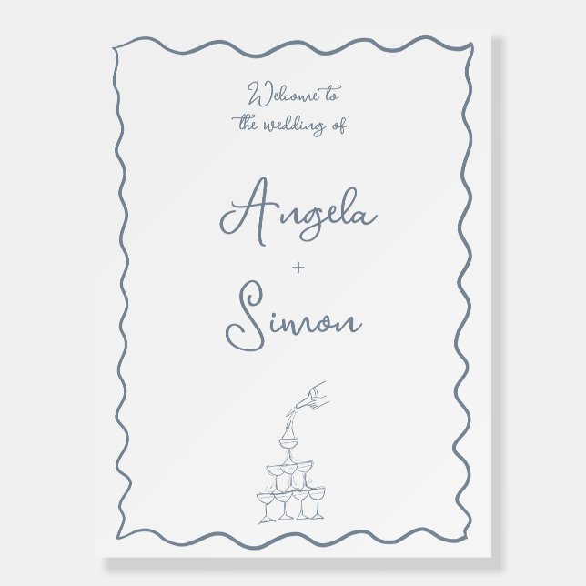 Whimsical Champagne Tower Dusty Blue Welcome Sign (Front)