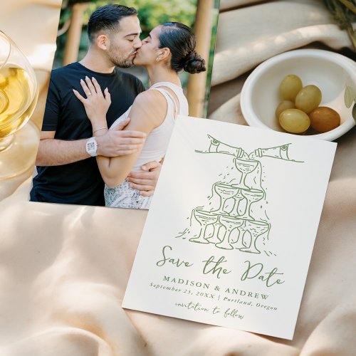 Whimsical Champagne Tower Green Photo Wedding Save The Date