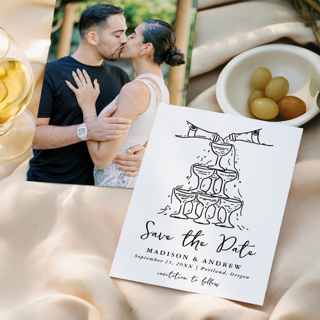 Whimsical Champagne Tower Handwritten Photo Save The Date (Creator Uploaded)