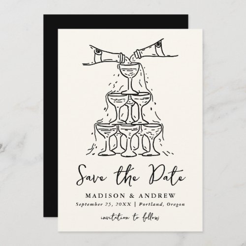 Whimsical Champagne Tower Handwritten Wedding  Save The Date