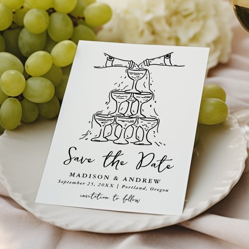 Whimsical Champagne Tower Handwritten Wedding  Save The Date