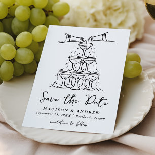 Whimsical Champagne Tower Handwritten Wedding  Save The Date