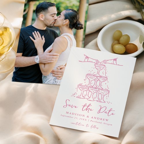 Whimsical Champagne Tower Pink Photo Wedding Save The Date