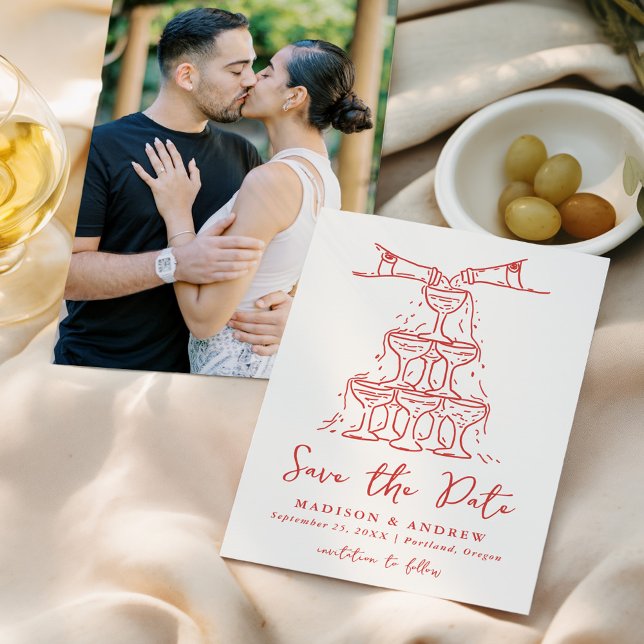 Whimsical Champagne Tower Red Photo Wedding Save The Date (Creator Uploaded)
