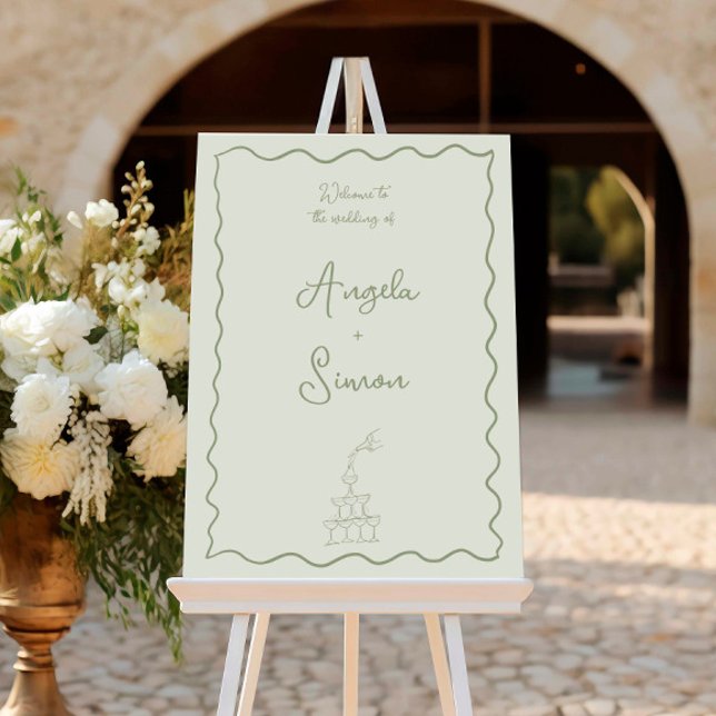 Whimsical Champagne Tower Wedding Welcome Sign (champagne tower sage green wedding welcome sign with hand drawn illustration hand written typography)