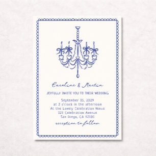Whimsical chandelier, blue hand drawn wedding  invitation