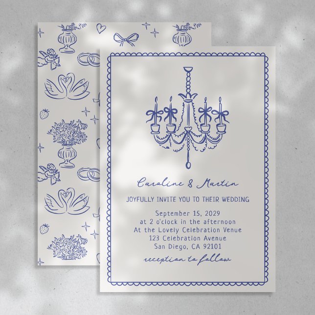 Whimsical chandelier, blue hand drawn wedding  invitation (Creator Uploaded)