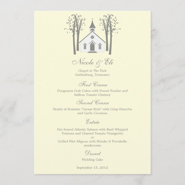 Whimsical Chapel Wedding Menu Card (Front)