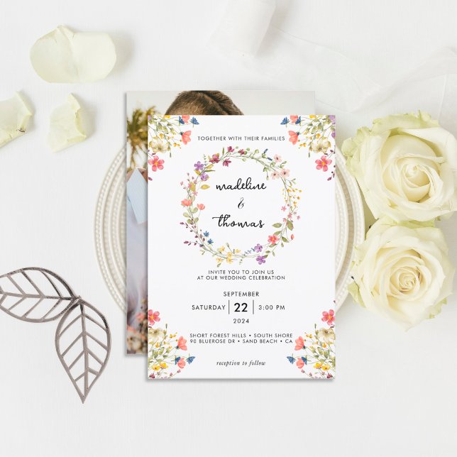 Whimsical Charm Wild Flower Wreath Photo Wedding Invitation (Creator Uploaded)
