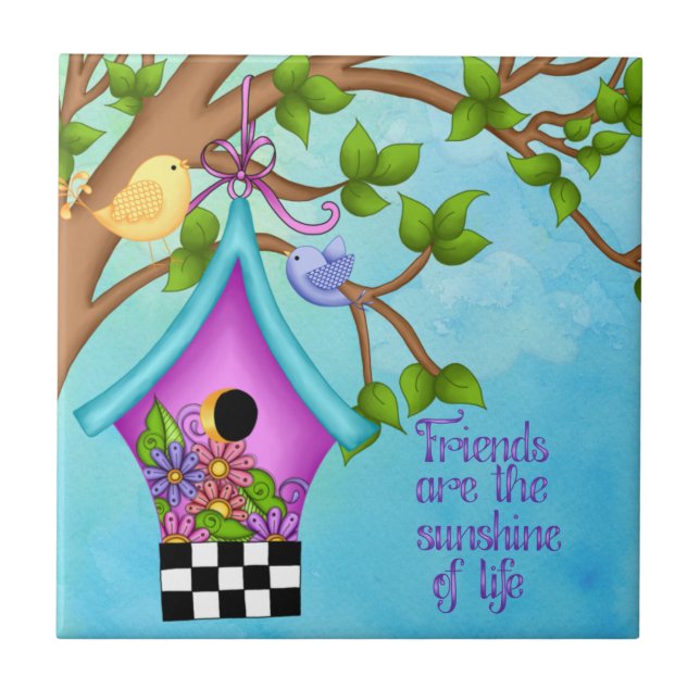 Whimsical Checkerboard Birdhouse Ceramic Tile (Front)