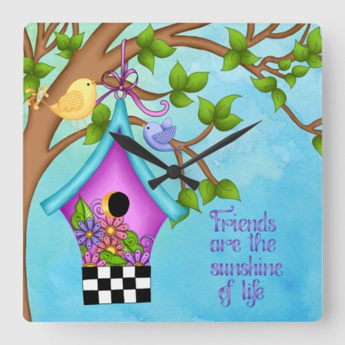 Whimsical Checkerboard Birdhouse Square Wall Clock