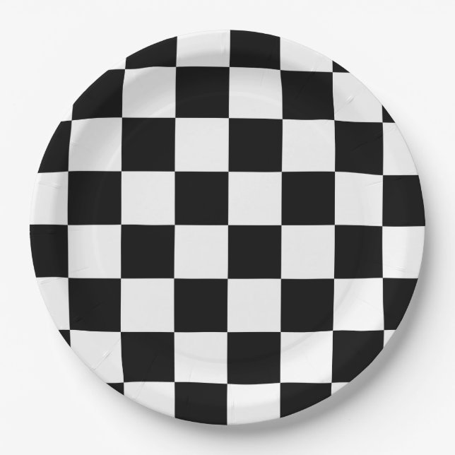 Whimsical checkered black and white checkerboard  paper plates (Front)
