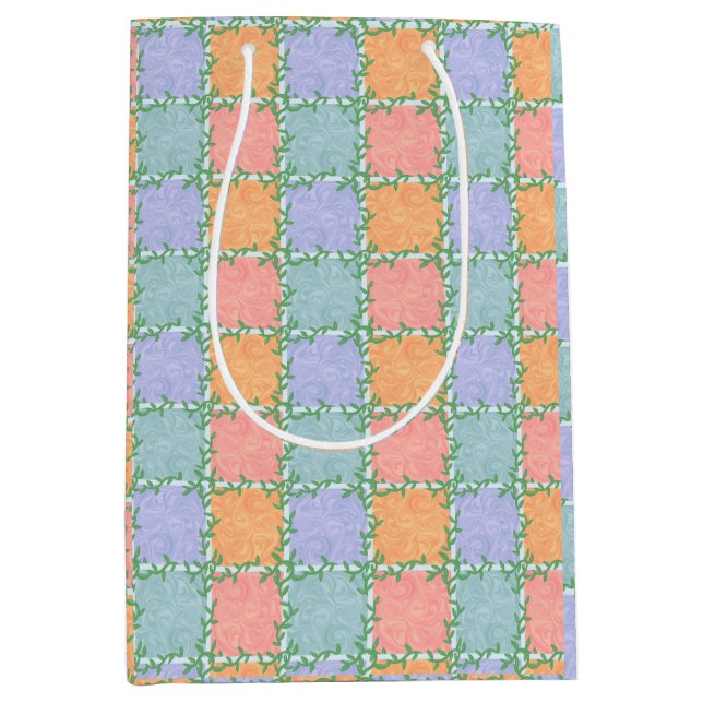 Whimsical Checkered Tile with Leafy Vines Medium Gift Bag (Front)