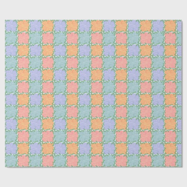 Whimsical Checkered Tile with Leafy Vines Wrapping Paper (Flat)