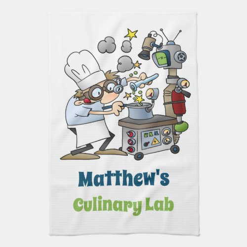 Whimsical Chef and Science Culinary Lab Cartoon Kitchen Towel
