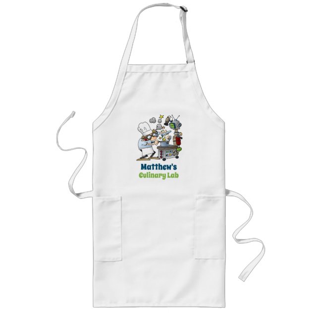 Whimsical Chef and Science Culinary Lab Cartoon Long Apron (Front)