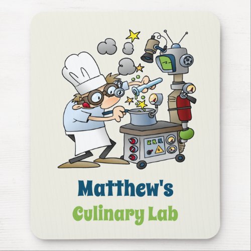 Whimsical Chef and Science Culinary Lab Cartoon Mouse Pad