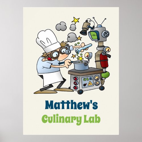 Whimsical Chef and Science Culinary Lab Cartoon Poster