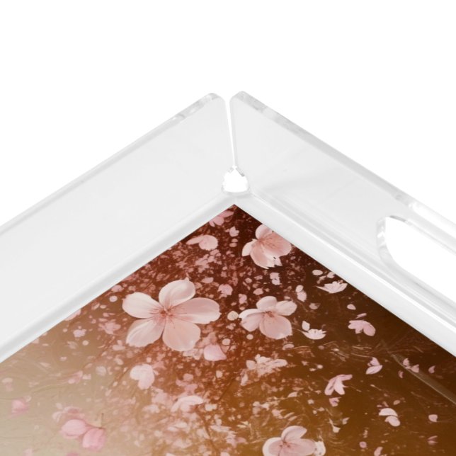 Whimsical Cherry Blossom Blizzard on Golden Acrylic Tray (Corner)