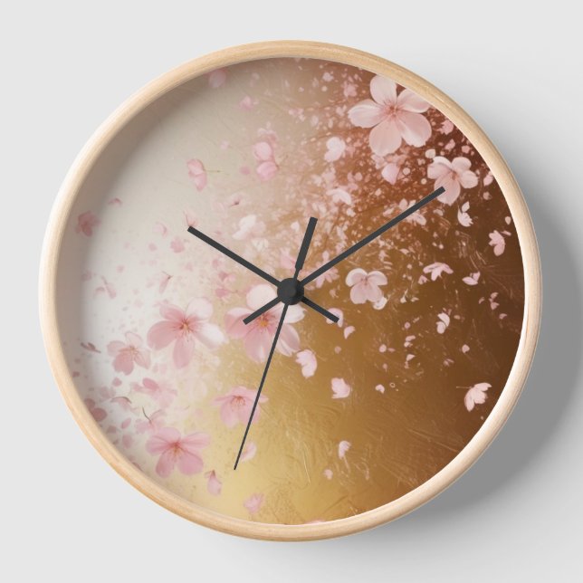 Whimsical Cherry Blossom Blizzard on Golden Clock (Front)