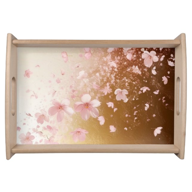 Whimsical Cherry Blossom Blizzard on Golden Serving Tray (Front)