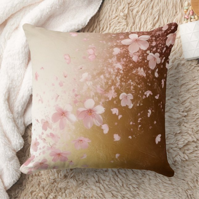 Whimsical Cherry Blossom Blizzard on Golden Throw Pillow (Blanket)