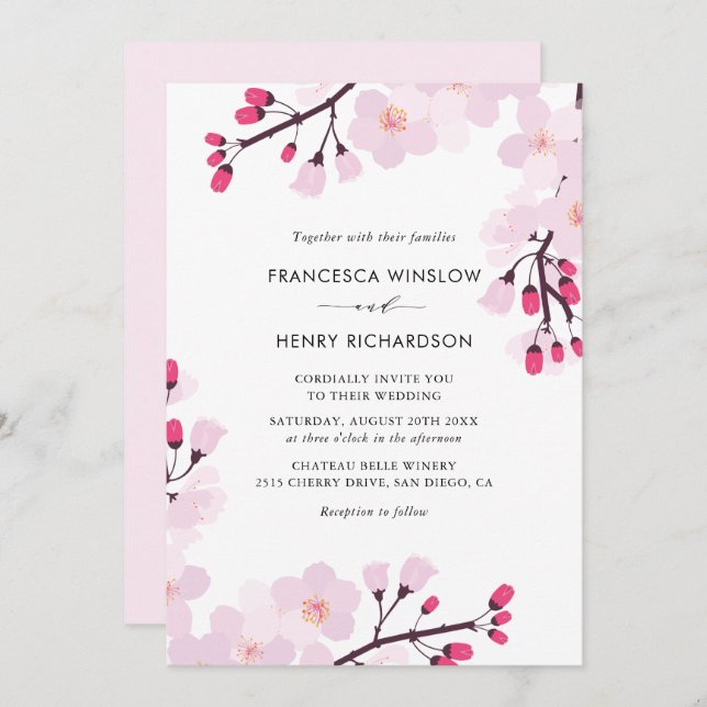 Whimsical Cherry Blossoms Wedding Invitation (Front/Back)