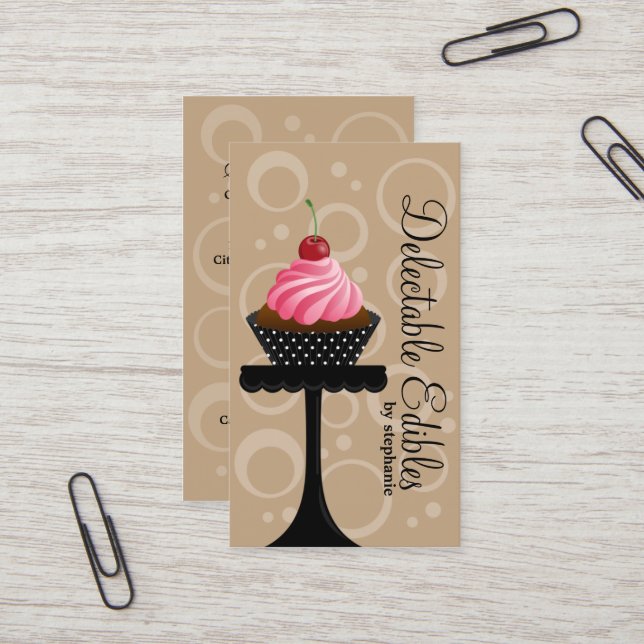 Whimsical Cherry Cupcake Bakery Business Card (Front/Back In Situ)