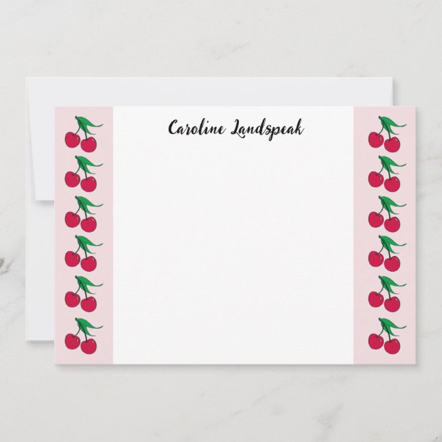 Whimsical Cherry Fruit Border Custom Name Note Card (Front)