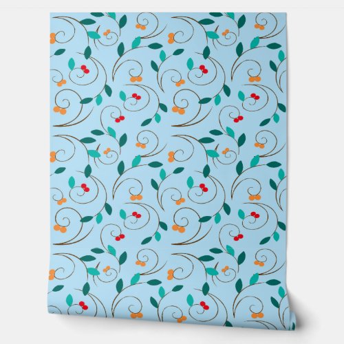 Whimsical Cherry Vine Wallpaper – Blue Botanical  Wallpaper