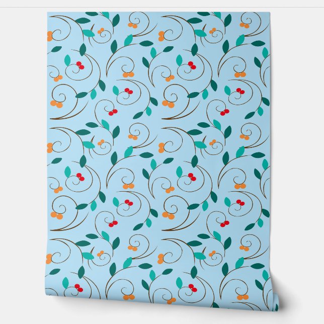 Whimsical Cherry Vine Wallpaper – Blue Botanical  Wallpaper (Unrolling)